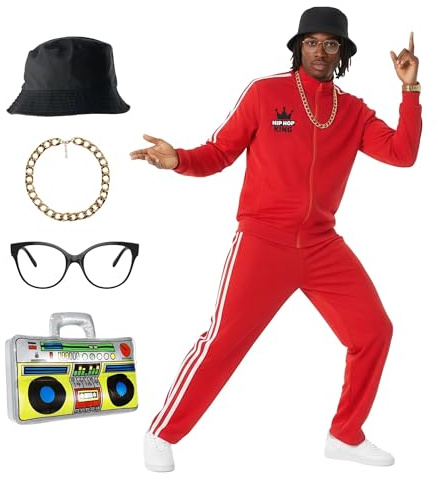 Morph Disfraz Hombre 90s, Chándal Hip Hop Rayado Rojo, Traje Retro Divertido para Fiestas y Eventos, XL