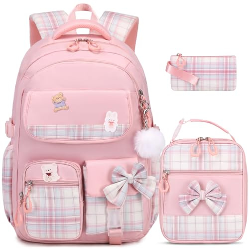ACESAK Girls Backpack - 3PCS Backpack for Girls Cute School Backpacks for Girls Kindergarten Elementary Preschool Middle Kids School Bags with Lunch Box Pencil Case Set (Pink)
