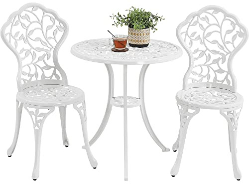 Yaheetech Conjunto de 1 Mesa y 2 Sillas Exterior de Jardín Muebles de Aluminio para Jardín Balcón Terraza Juego de Muebles de 3 Piezas Blanco