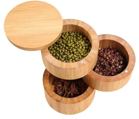 Contenedor de Sal Contenedor de Condimentos de 3 Niveles, Estante para Condimentos, Macetas para Especias, Contenedor de Madera de Bambú de 3 Niveles para el Hogar, Caja de Condimentos para Cocina Cas