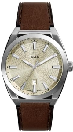 Fossil Orologio Everett da uomo, Movimento al quarzo con data a tre lancette e cinturino in pelle o acciaio inossidabile, 42 mm, Rosso cremisi