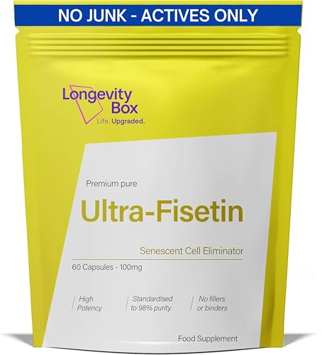 Longevity Box Fisetina 100 mg – Suplemento Antioxidante de Alta Pureza 98%, Probado en Laboratorio – 60 Cápsulas – Apoyo a la Protección Celular y Longevidad – Vegano y Sin Aditivos
