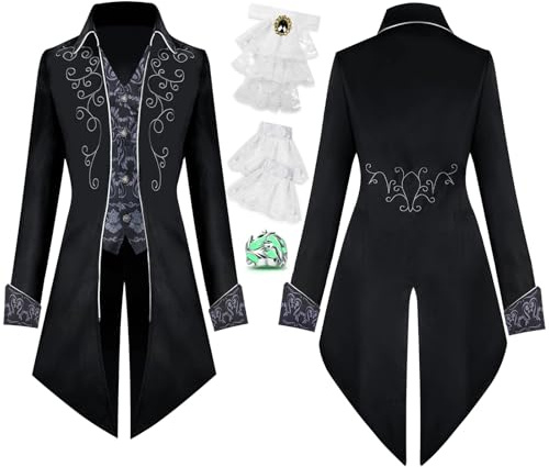 IEEILULU Gotica Vittoriana Cappotto da Uomo, Medievale Tailcoat da Uomo, Vintage Steampunk Tailcoat Giacca con Coprimaniche in Pizzo, Costume Vampiro Uniforme per Carnevale Halloween (Pattern, XL)