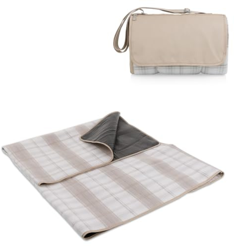 Picnic TIME Outdoor Picnic Blanket Tote, 59x51 Foldable Beach & Camping Blanket with Soft Fleece, Water-Resistant Bottom, Adjustable Strap & Zippered Pocket (Neutral Plaid)