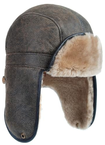 Harssidanzar Gorros de Invierno Gorros de Aviador para los Hombres Las Mujeres Piel de Cordero de Cuero de Sombrero Trapper CU610EU, Marrón, Talla S