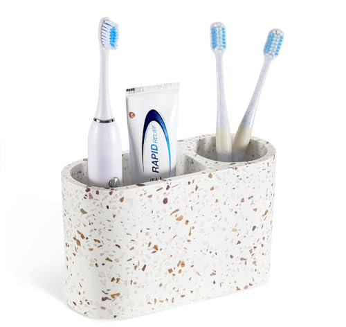 Luxspire Porte-Brosse à Dents, Support pour Brosse à Dents et Porte-Dentifrice à 2 Fentes, Accessoire de Salle de Bain en Résine à Dents Électrique pour Le Plan de Travail, Terrazzo