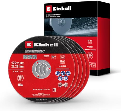 Original Einhell set de 5 disques à tronçonner minces pour le métal, Ø 125 mm (épaisseur 1 mm, certifié MPA, grande longévité, coupes précises et sans bavures, pour meuleuses d'angle)