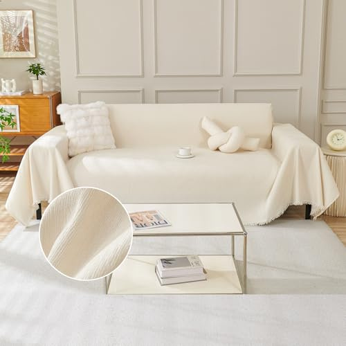 TAOTAOGO Housse de canapé pour canapé 2 3 Places, Couvre-canapé en Chenille Lavable Recto-Verso avec Franges, pour canapé d'angle en L, Utilisable Toute l'année, F Beige 180x300cm