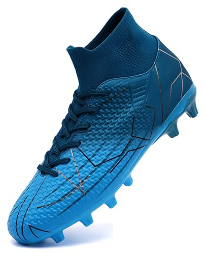 VTASQ Pojkar fotbollsskor barn gräs fotbollsskor professionella tonåringar friidrott sneakers utomhus halkfria träning fotbollsskor höga topp fotbollsskor spikar, BLÅ, 32 EU