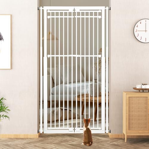 WIDERSAFER 78.8 Extra Tall Cat Gate, 28.3-33 Wide Dog Door, Pressure Mounted Easy Walk Through Safety Metal Pet Gate for Doorway, No Drilling Cat Proof Gate (White)
