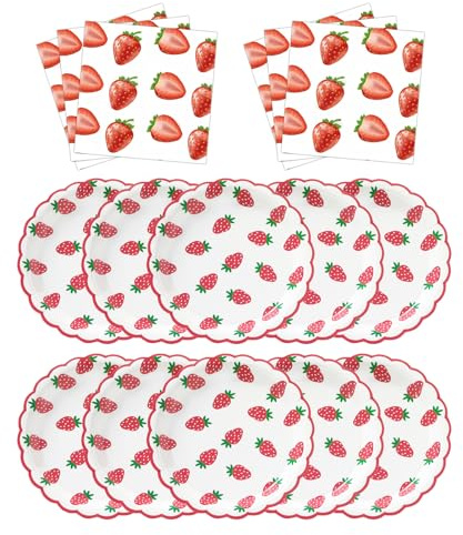 MaitianGuyou 80PCS Strawberry Party Tableware Set - 7 Inch Disposable Paper Plates and Napkins for Summer Fruit Birthday Supplies Baby Shower 1st Birthday Kids Party Decorations