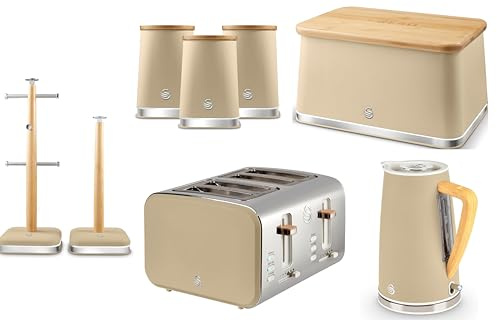 Swan Nordic Oatmeal Kettle, 4 Slice Toaster, Breadbin, Canisters, Mug Tree & Towel Pole. Matching Kitchen Set of 8 with Oatmeal Matt Finish, Stainless Steel Accents and Acacia Wood