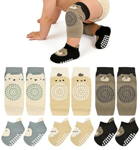 3 Par Knäskydd och Halkfria Strumpor för Bebis, Elastiska Benvärmare med Djurmönster, Gåva för Pojkar och Flickor 0-12 Månader
