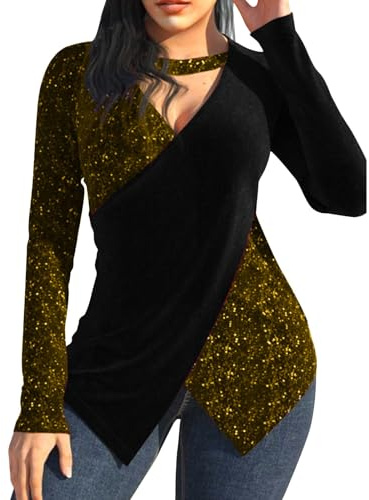 tacniseyw Top scintillante da donna UK, scollo a V incrociato con paillettes top per feste slim fit elegante top da sera glitterato elegante abiti da festa scintillanti camicie a tunica festiva