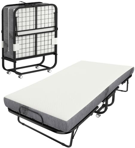 HOMCOM Lit Pliant 1 Personne 200 x 80 cm avec Matelas, Lit d'Appoint Blanc | Pliable Et Portable Sur Roulettes, Mousse À Mémoire De Forme 12,7 cm, Facile À Plier, À Rouler Et À Ranger, Cadre en Acier