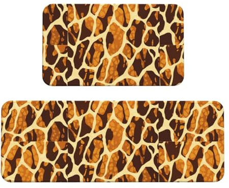 Giraffe Print Kitchen Rugs Set of 2, Cushioned Anti-Fatigue Kitchen Mats for Floor, Waterproof Comfort Standing Mat Absorbent Velvet Kitchen Runner Rugs 17x30+17x47