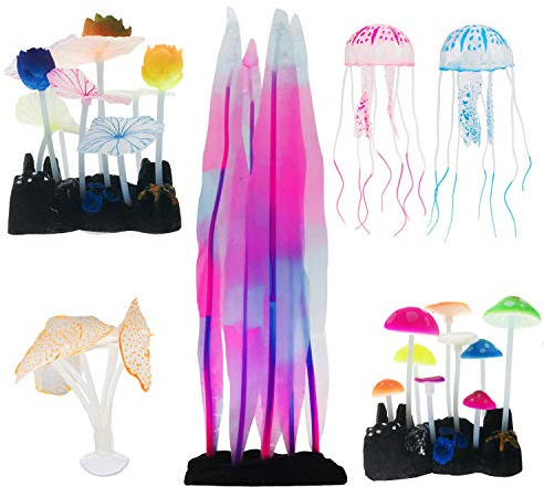 Cayway 6 Pz Acuario Plantas de Plástico, Adorno de Decoración de Plantas Decoración de Adorno de Medusas Brillantes Seta Loto para Acuario de Pecera