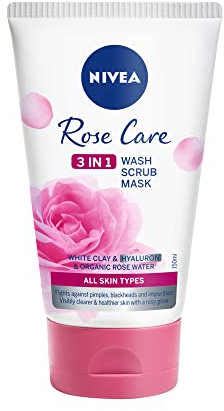 NIVEA Rose Care 3 in 1 Wash, Scrub, and Mask (150ml), All in One Face Scrub, Face Wash and Face Mask with Mineral Clay, Hyaluronic Acid and Organic Rose Water