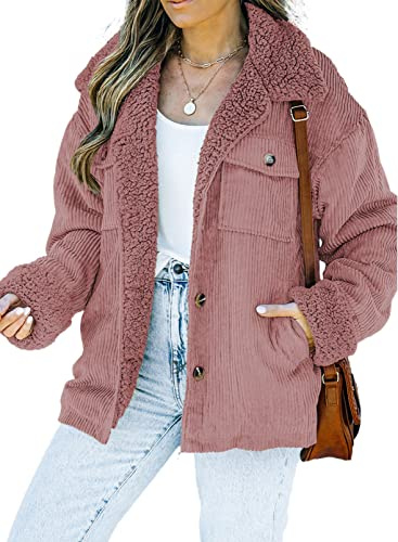 Dokotoo Womens Coats Fashion Winter Clothing for Women Warm Thick Sherpa Lined Corduroy Jacket Teddy Bear Button Down Fleece Fur Collar Casual Cute Solid Fall Coat Outwear with Pockets Pink M