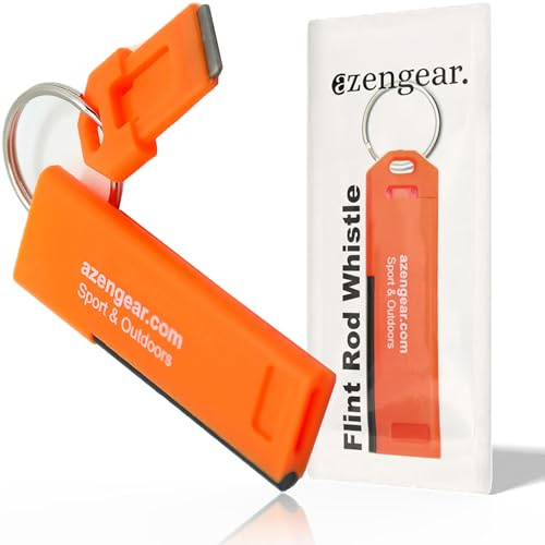 aZengear Survival Whistle with Flint Fire Starter Rod & Keyring - Loud, Pealess, Light, Thin, Waterproof - for Emergency, Hiking, Rescue, Safety, Dog Walking, EDC (Dark Orange)