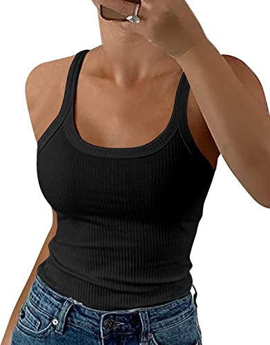 GEMBERA Women Spaghetti Strap Scoop Neck Ribbed Tank Tops Slim Fitted Cotton Camisole Basic Sleeveless Layering Shirts(3227 Black L)