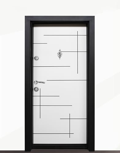 Porta Blindata Moderna Laminata per Ingresso 90x200 con Spioncino 2 Serrature Indipendenti Portone Bianco con Dettagli Neri PL55 (Interna destra)