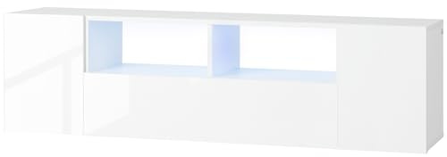HOMCOM Meuble TV, Banc TV, Meuble de télévision, jusqu'à 60 Pouces, avec lumières LED, 2 étagères et placards, 137 x 35 x 42 cm, Panneau de Porte Brillant, Blanc