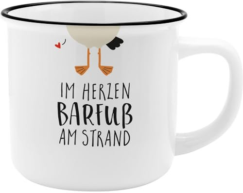 GRUSS & CO Becher mit Motiv Strand | New Bone China Porzellan, Emaille-Optik, 35 cl | Lustiges Geschenk, Frühstück | 73918
