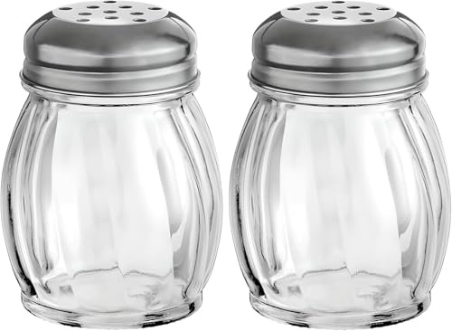 OCS Parts 3.5-Inch Glass Shakers with Chrome Plated Perforated Lids | 2-Pack | Grated Cheese, Chili and Red Pepper Shakers for Home Kitchens, Delis, Restauarants, and Pizza Parlors