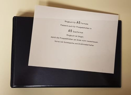 Ringbuch, Ordner A5 Brilliant, QUERFORMAT in SCHWARZ mit Drahtniederhalter und einer Sichttasche/Einschubtasche vorn