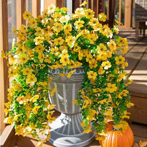 HyeFlora Artificial Hanging Flowers for Outdoors Decoration, 2pcs Fake Daisy with Eucalyptus Leaves for Garden Yard Porch (Yellow)