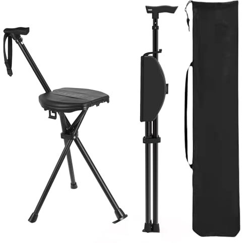 TAIWANBED Tragbarer Stockstuhl mit Kissen,Verstellbarer tragbarer Gehstock,Gehstock mit Sitz,Faltbarer Stuhl,Wanderstock,für Camping,Wandern,leichtes Aluminium,einfach zu tragen,mit Tragetasche