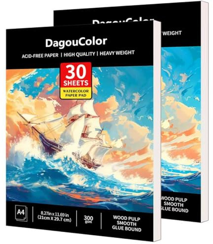 DagouColor Aquarell Papier Pad, A4, 2 Pack, 30 Blätter Säurefreie Kunst Zeichnungspapier, 300gsm für Künstler, Erwachsene, Jungen, Mädchen
