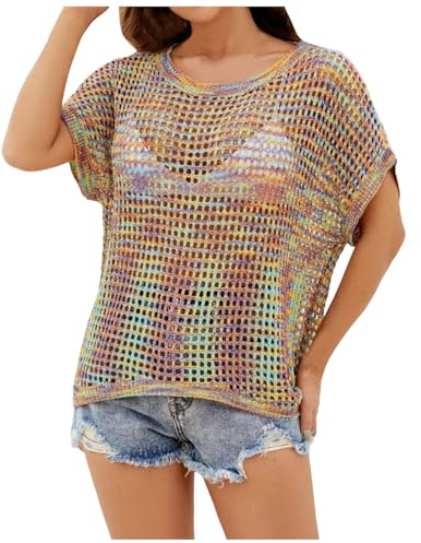 YOSUWOAI Top de ganchillo para mujer para el verano de punto para la playa, traje de baño, parte superior de manga corta, camiseta de ganchillo, estilo bohemio, hippie, hollow out, jersey de punto