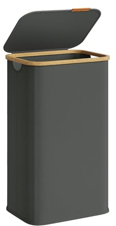 SONGMICS Cesto de Ropa con Tapa, Recogedor de Colada, Tejido de Oxford, Plegable, Marco de Bambú, Lavadero, Dormitorio y Salón, 100 L, 42 x 32 x 70,5 cm, Gris Pizarra LCB518GN01