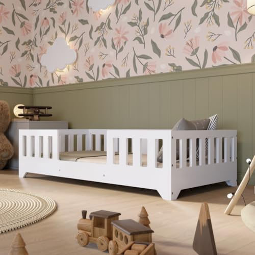 Crazy Pine - Montessori Kinderbett mit Rausfallschutz – Sicheres Kinderbett für Jungen und Mädchen - Leichter Aufbau - Crazy Alfa (Weiß mit Eingang Mitte, 160 x 80 cm)