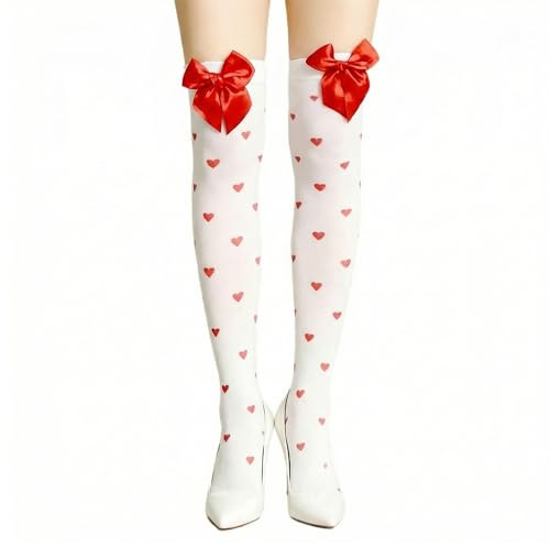 LEOUEANR Calze sopra il ginocchio con pois rossi e fiocco decorativo, 1 paio di calze autoreggenti da donna, calze carine e sexy, perfette per San Valentino, carnevale, cosplay o appuntamenti serali