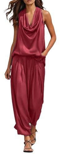 WAZHAKU Traje de pantalón para mujer de negocios, 2 piezas, traje de satén, festivo, elegante, traje de noche para bodas, trajes de pantalones, cuello en V, parte superior y pantalones de pierna ancha