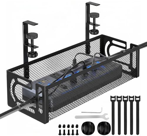 EcoFirst Plateau de gestion des câbles sous le bureau sans perçage – Organiseur de fil en maille d'acier au carbone pour bureau debout, maison, bureau – Panier robuste avec accès latéral et coussinets