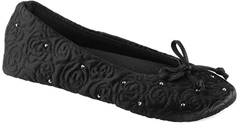 isotoner Women’s Rose Quilted Ballerina Slippers with Rhinestone Embellishment and Genuine Suede Sole , Black, 8/9 US