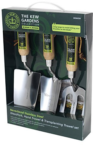 Spear & Jackson 3056KEW Kew Gardens Neverbend Edelstahl 3-teiliges Handwerkzeug-Geschenkset – Pflanzkelle, Umpflanzkelle & Unkrautgabel – Spiegelpolierte Edelstahlköpfe