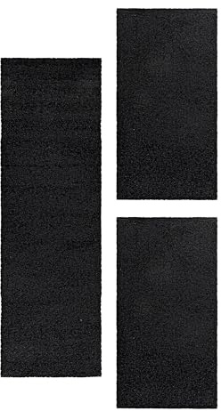 Tapis de contour de lit Shaggy à poils longs Concevoir unicolore Chambre à coucher Doux et moelleux Rectangulaire 3 pièces Coureur, Couleur :Anthracite, parure de lit :2x 60x110 + 1x 80x250