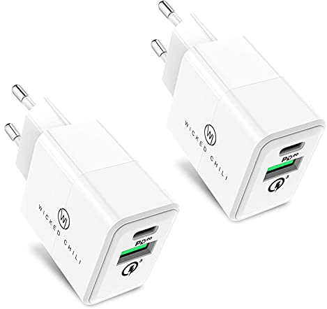 Wicked Chili 2X 20W Dual USB-Netzteil mit USB-A und USB-C Anschluss, Fast Charge Adapter Bundle, Universal kompatibel mit iPhone 17, 16, 15, 14, 13, 12, 11 (Pro, Max, Plus, Mini), Samsung und MagSafe