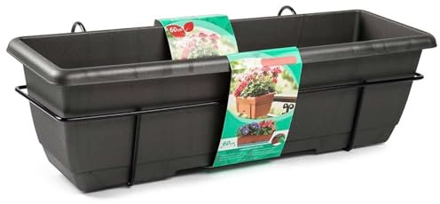 Acan Tradineur - Jardinera para balcón con Plato Integrado y Soporte metálico - Fabricado en plástico - PLFT - Capacidad de 12 litros - 17 x 60 x 19,5 cm - Color Antracita