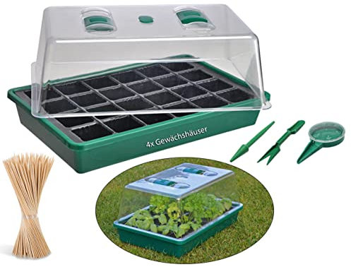 Novatool 4X Balkongewächshaus klein mit 200x Rankhilfe Natur Saathelfer I Zimmergewächshaus Anzucht Zimmergewächshaus XXL Fensterbank Treibhaus Gewächshaus klein I Anzuchtschale Kräuter