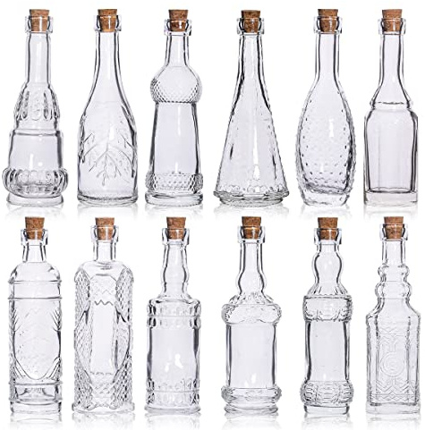 Eleganttime Botellas de poción con corcho, paquete de 12 botellas pequeñas transparentes decorativas vintage, mini jarrones de vidrio con tapas de corcho para manualidades, decoración, arte de arena