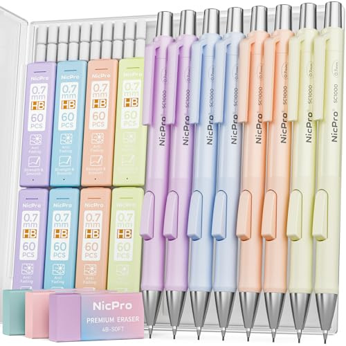 Nicpro 8 Pack Pastel Mechanical Pencil 0.7mm, Cute Fast Click Mechanical Pencils Set with 480PCS HB Lead Refills, 3 Erasers with Case, Aesthetic School Supplies for Writing Drawing Sketching