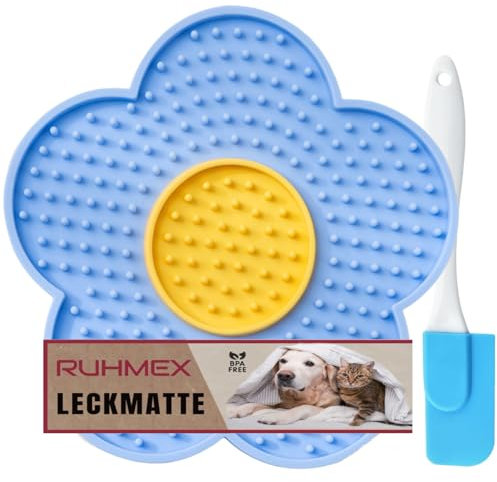 Schleckmatte Katze, RUHMEX Leckmatte Hund mit Silikonspatel Blumenform Schleckmatte für Hund & Katze, Ideal für Baden, Fellpflege (Blau)