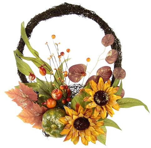 Herbstkranz aus Rattan für die Haustür mit Sonnenblumen Beeren Kürbis Herbstlaub Dekorationen Herbst Türkranz Türdeko Herbstdeko für Halloween Erntedankfest Ernte Zuhause Außen und Innenbereich