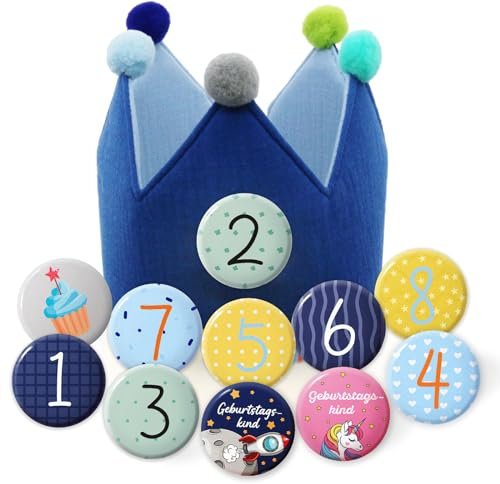 Sugeru Geburtstagskrone Musselin mit Zahlen, krone geburtstag Jungen Mädchen | Kindergeburtstag deko | Partyhüte,Party Deko | für den Kindergeburtstag | Krone aus Button Zahlen (Blau)